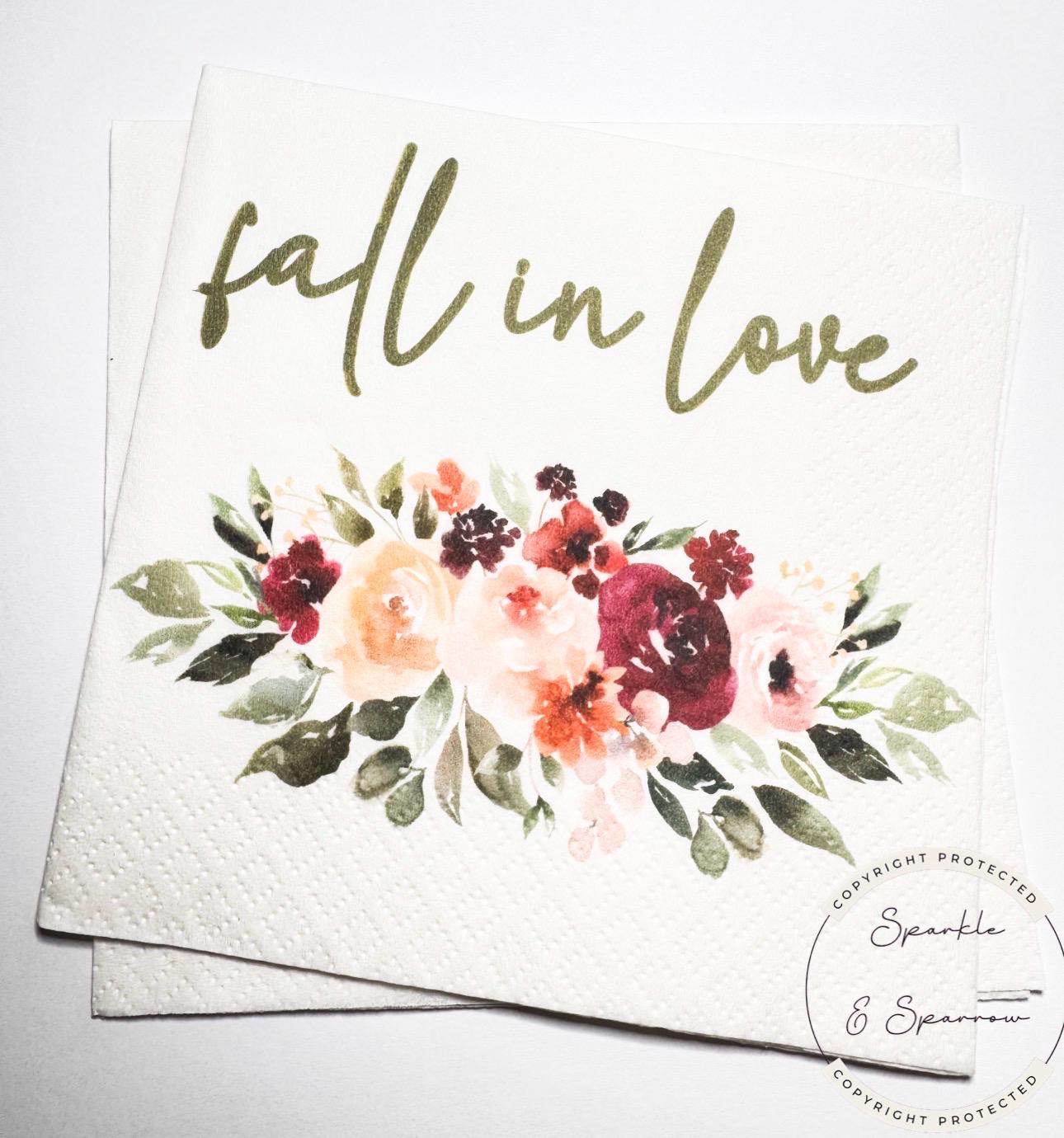Fall in Love Fall Bridal Shower Fall Wedding Autumn Fall in Love Baby Shower Fall Floral Cocktail, Luncheon or Dinner Napkins Set of 25