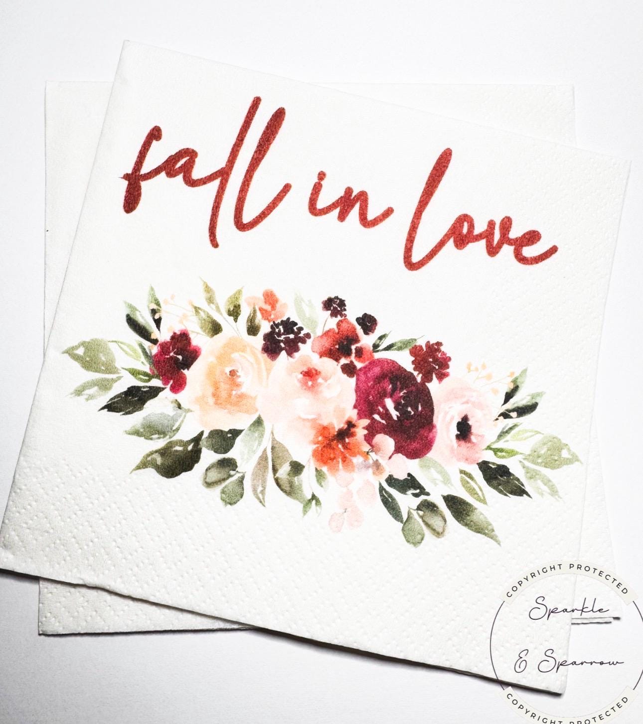 Fall in Love Fall Bridal Shower Fall Wedding Autumn Fall in Love Baby Shower Fall Floral Cocktail, Luncheon or Dinner Napkins Set of 25