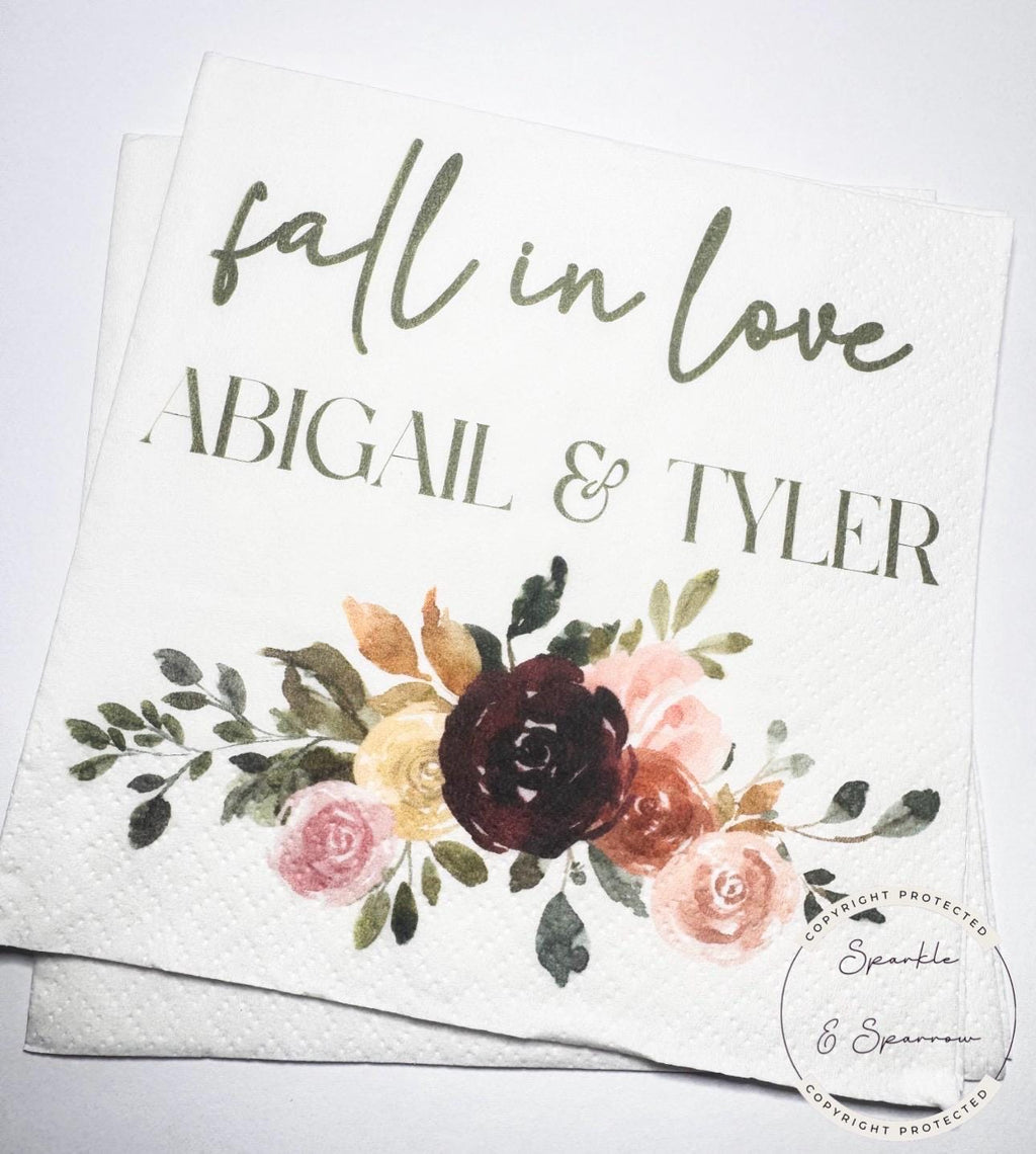 Fall in Love Fall Bridal Shower Fall Wedding Autumn Floral Fall Floral Wedding Personalized Cocktail, Luncheon or Dinner Napkins Set of 25