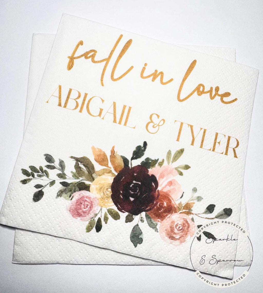 Fall in Love Fall Bridal Shower Fall Wedding Autumn Floral Fall Floral Wedding Personalized Cocktail, Luncheon or Dinner Napkins Set of 25