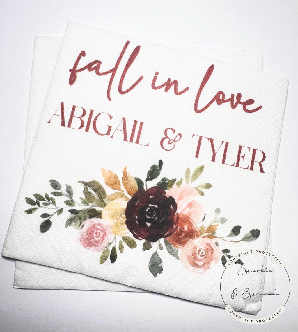 Fall in Love Fall Bridal Shower Fall Wedding Autumn Floral Fall Floral Wedding Personalized Cocktail, Luncheon or Dinner Napkins Set of 25