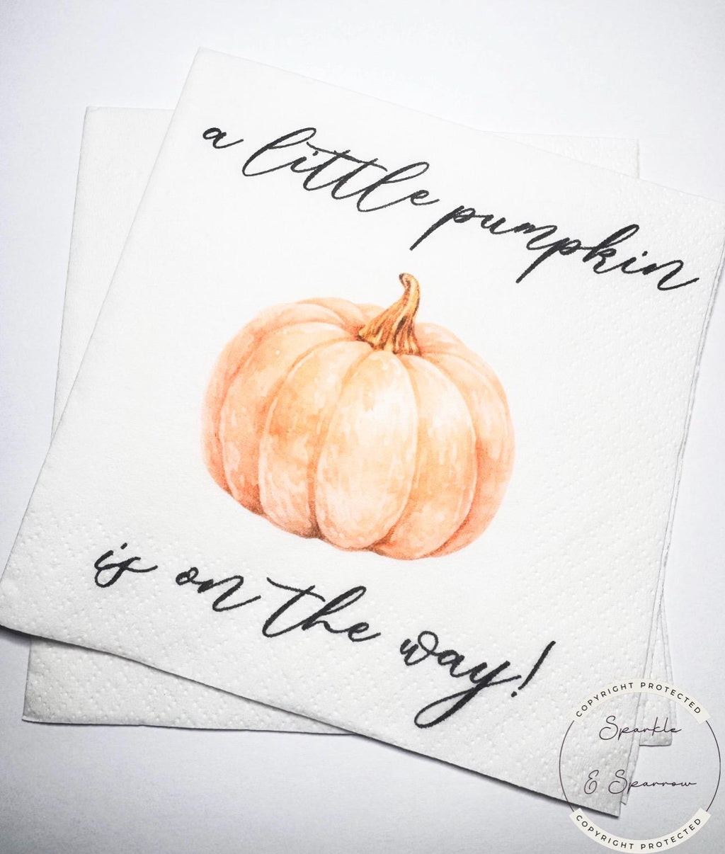 A Little Pumpkin is on the Way Fall Baby Shower Pumpkin Neutral Baby Shower Black Cocktail, Luncheon or Dinner Napkins Set of 25