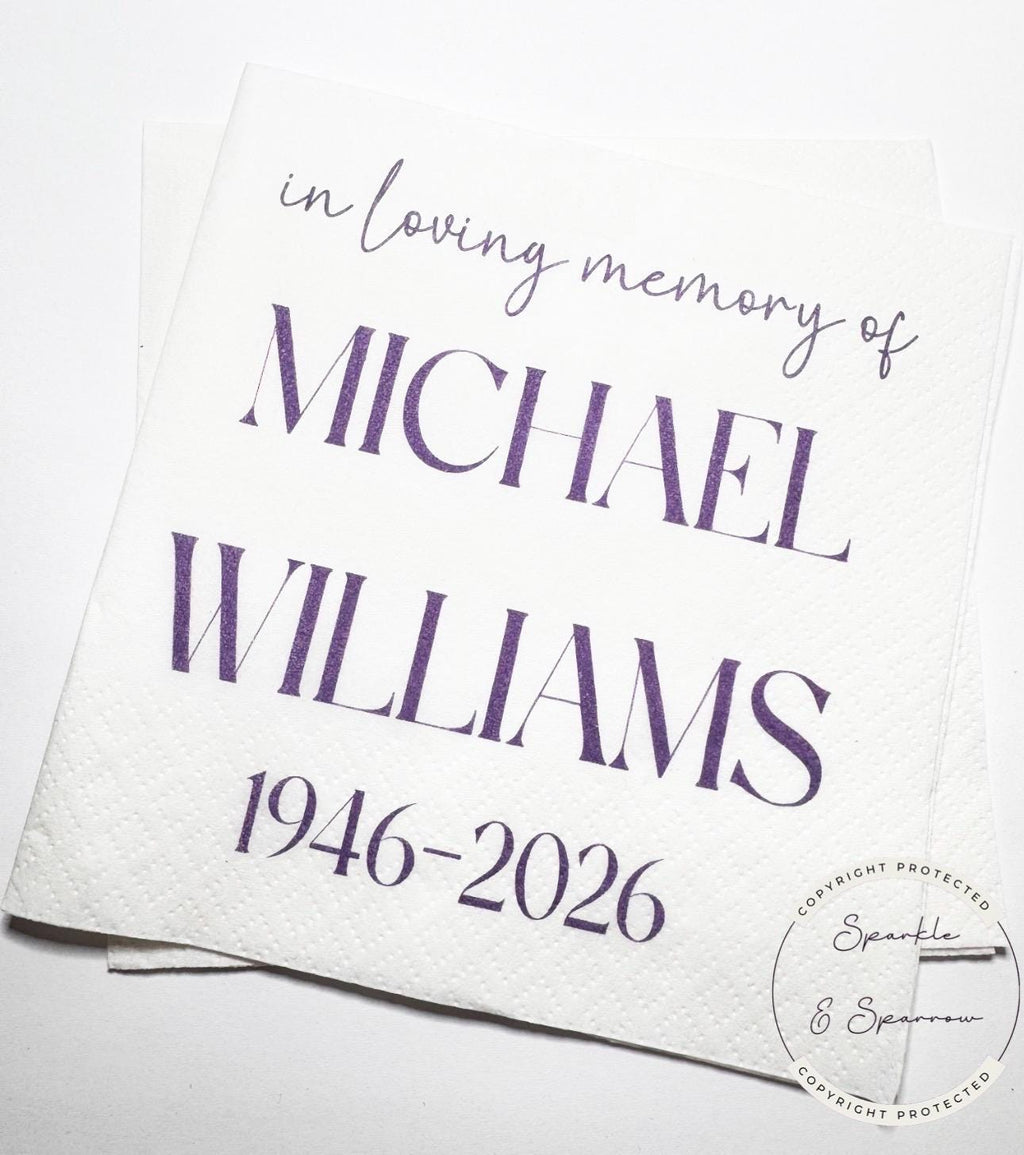 Celebration of Life Napkins Memorial Service Decor Funeral Decor Celebration of Life Purple Personalized Cocktail, Lunch Napkins, Set of 25