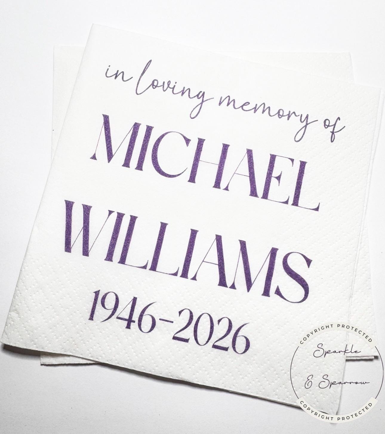Celebration of Life Napkins Memorial Service Decor Funeral Decor Celebration of Life Purple Personalized Cocktail, Lunch Napkins, Set of 25