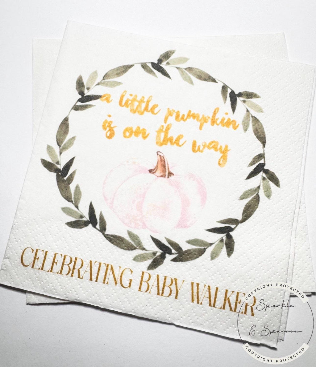 A Little Pumpkin is on the Way Girl Fall Baby Shower Pink Pumpkin Baby Shower Personalized Cocktail, Luncheon or Dinner Napkins Set of 25