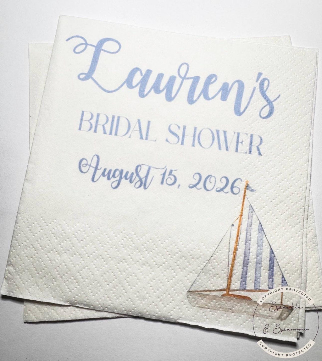 Nautical Bridal Shower Seashells Wedding Bells Sailboat Navy Blue Bridal Shower Personalized Cocktail, Luncheon or Dinner Napkins Set of 25
