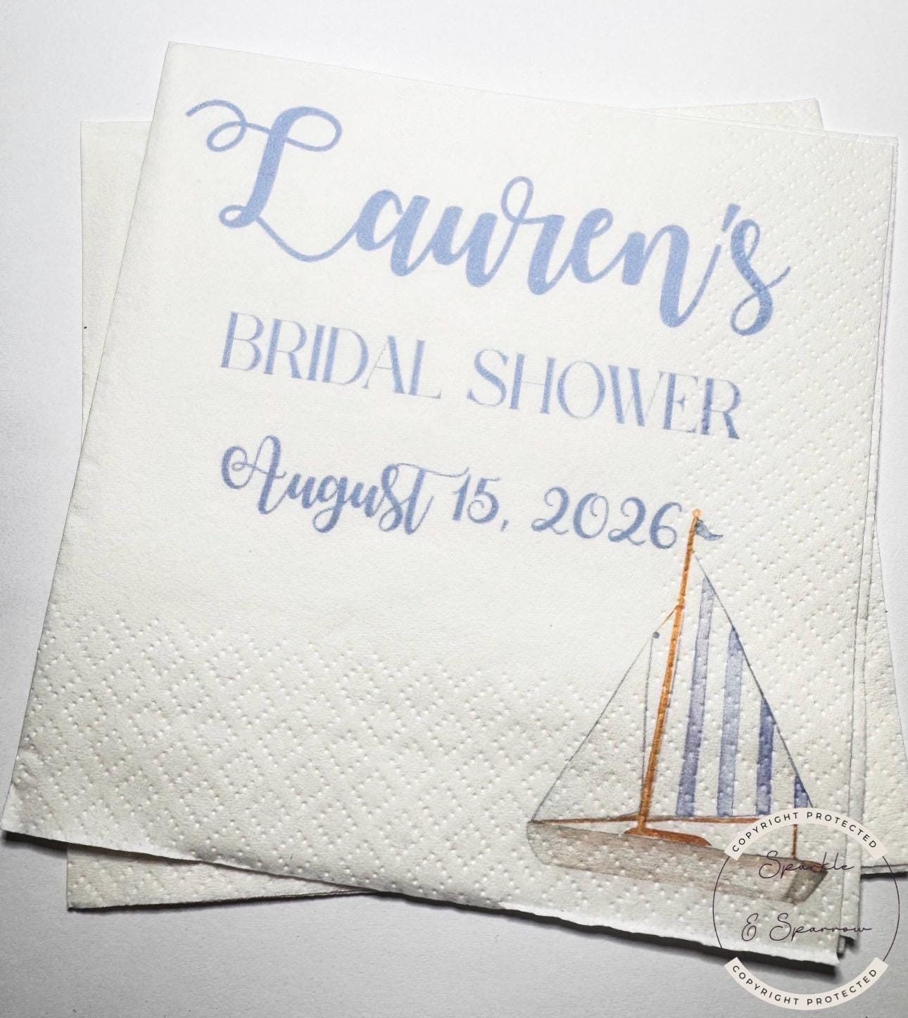 Nautical Bridal Shower Seashells Wedding Bells Sailboat Navy Blue Bridal Shower Personalized Cocktail, Luncheon or Dinner Napkins Set of 25
