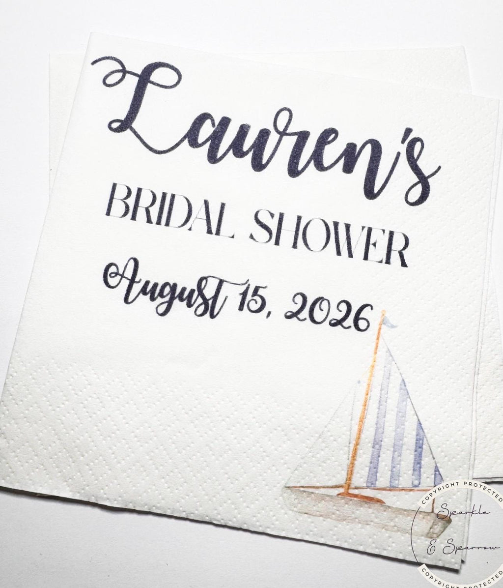Nautical Bridal Shower Seashells Wedding Bells Sailboat Navy Blue Bridal Shower Personalized Cocktail, Luncheon or Dinner Napkins Set of 25