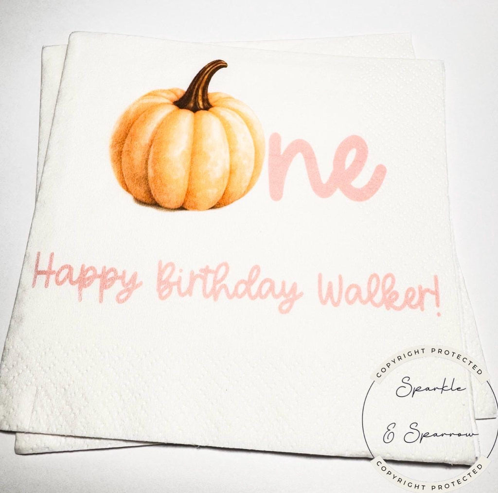 Pumpkin First Birthday Pumpkin Pink Pumpkin One Birthday Girl Pink Pumpkin Bday Personalized Cocktail, Luncheon or Dinner Napkins Set of 25