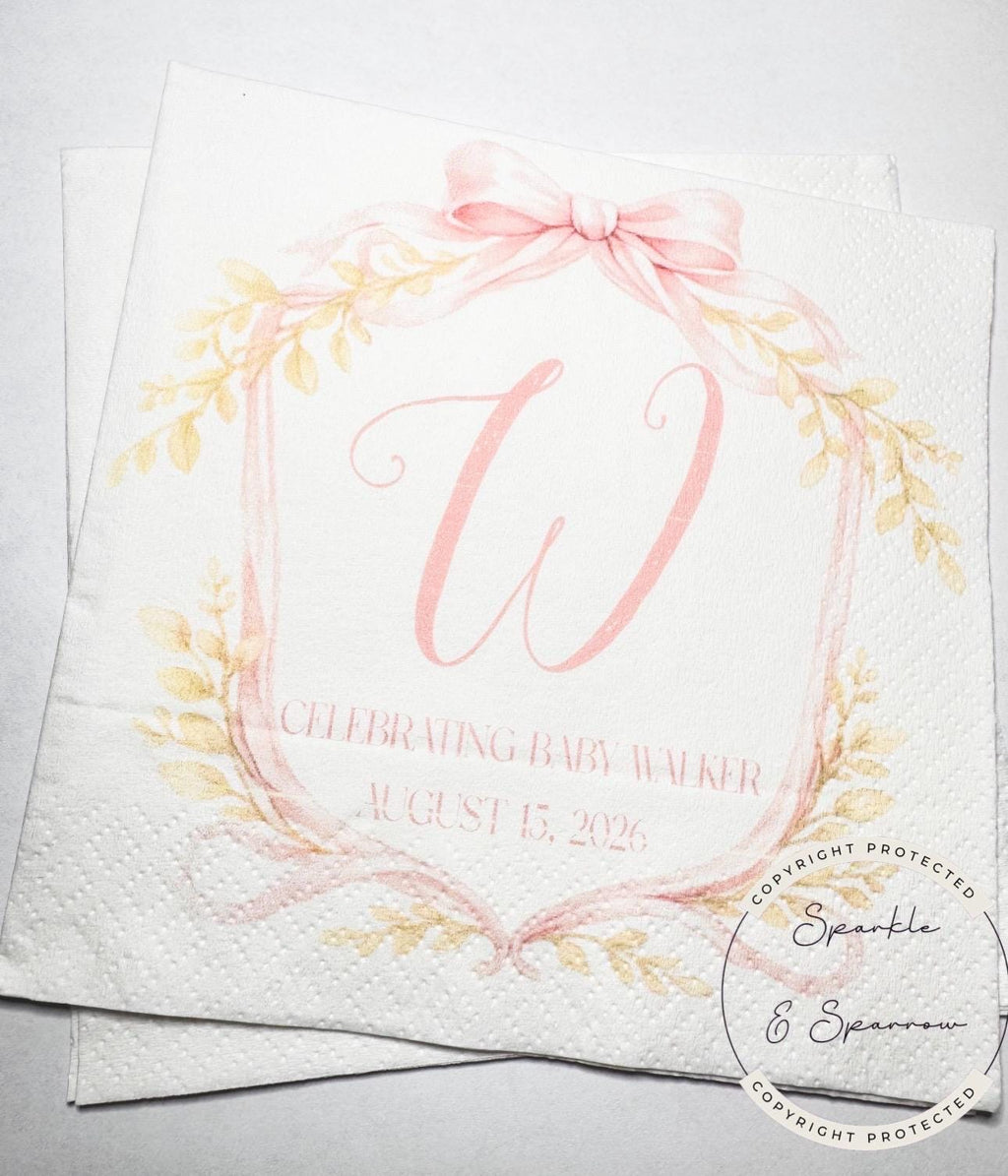 Pink Bow Baby Shower Monogrammed Preppy Pink Bow Baby Shower Fall Baby Shower Personalized Cocktail, Luncheon or Dinner Napkins Set of 25