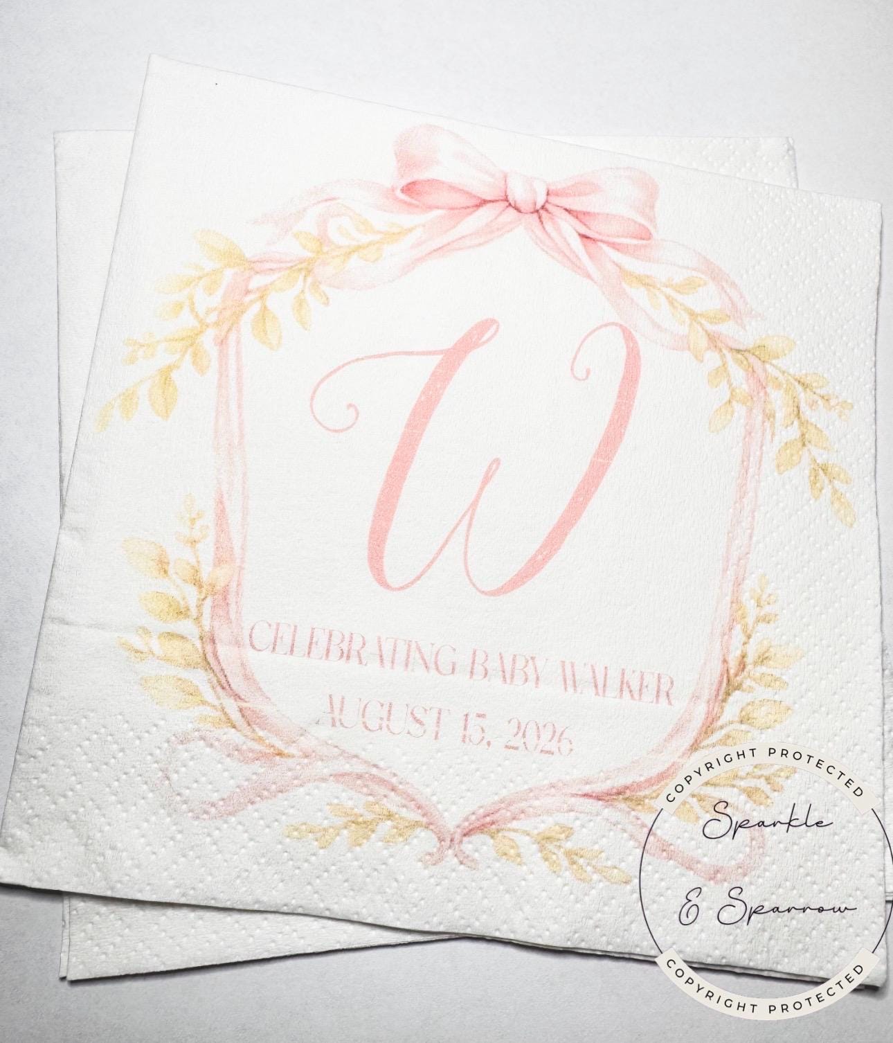 Pink Bow Baby Shower Monogrammed Preppy Pink Bow Baby Shower Fall Baby Shower Personalized Cocktail, Luncheon or Dinner Napkins Set of 25