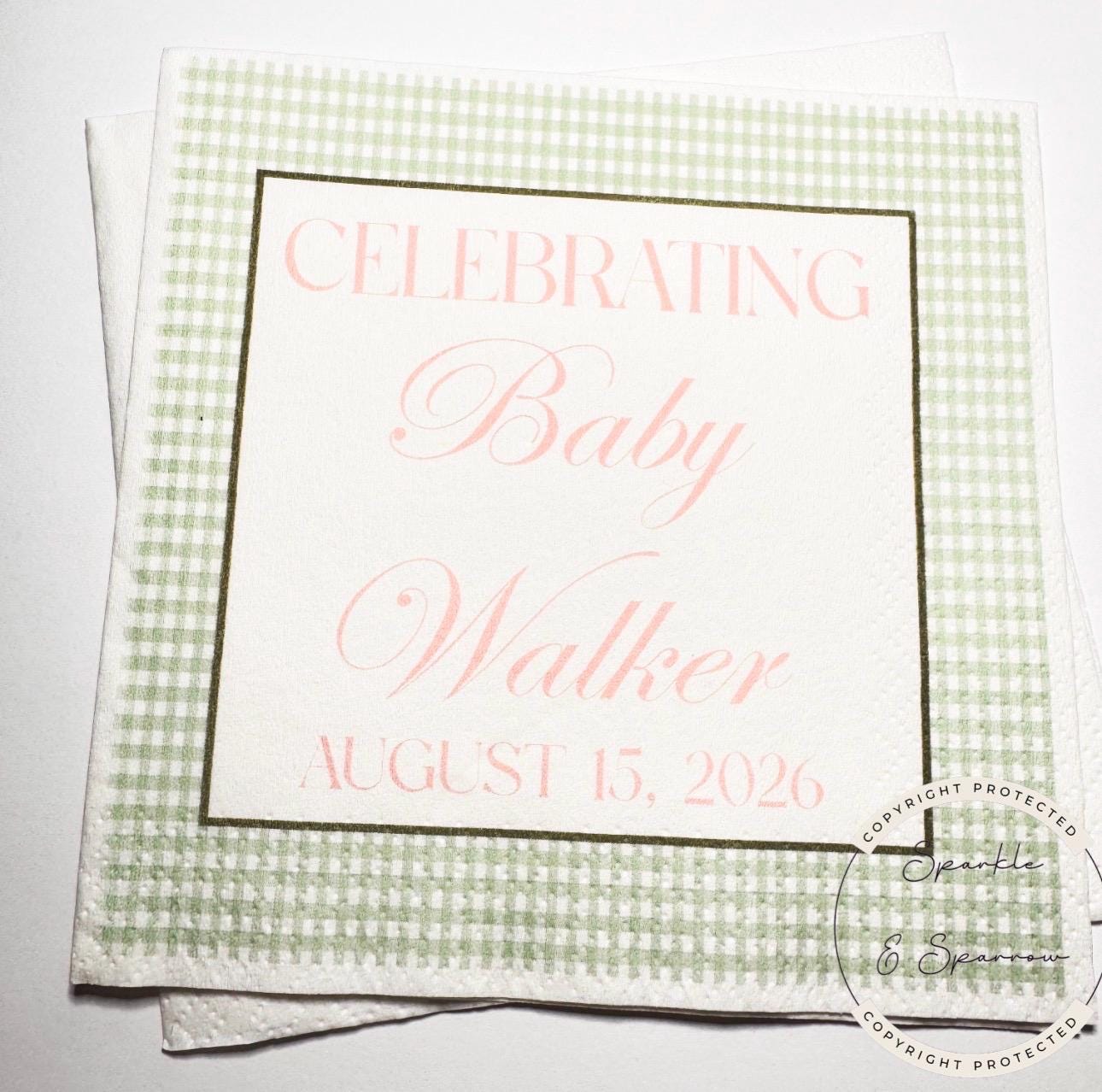 Pink and Green Gingham Baby Shower Pink Green Preppy Neutral Baby Shower Personalized Cocktail, Luncheon or Dinner Napkins Set of 25