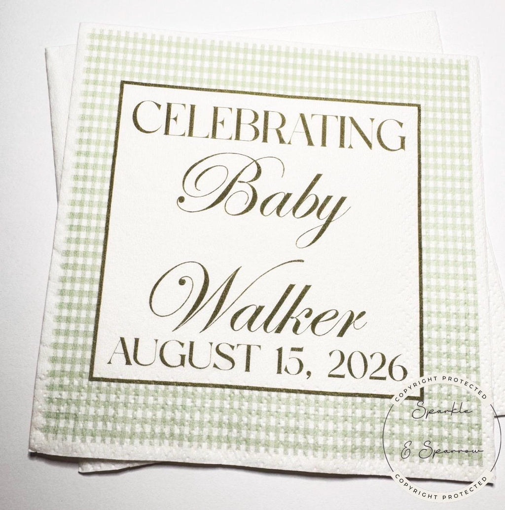 Green Gingham Baby Shower Sage Green Preppy Neutral Baby Shower Personalized Cocktail, Luncheon or Dinner Napkins Set of 25