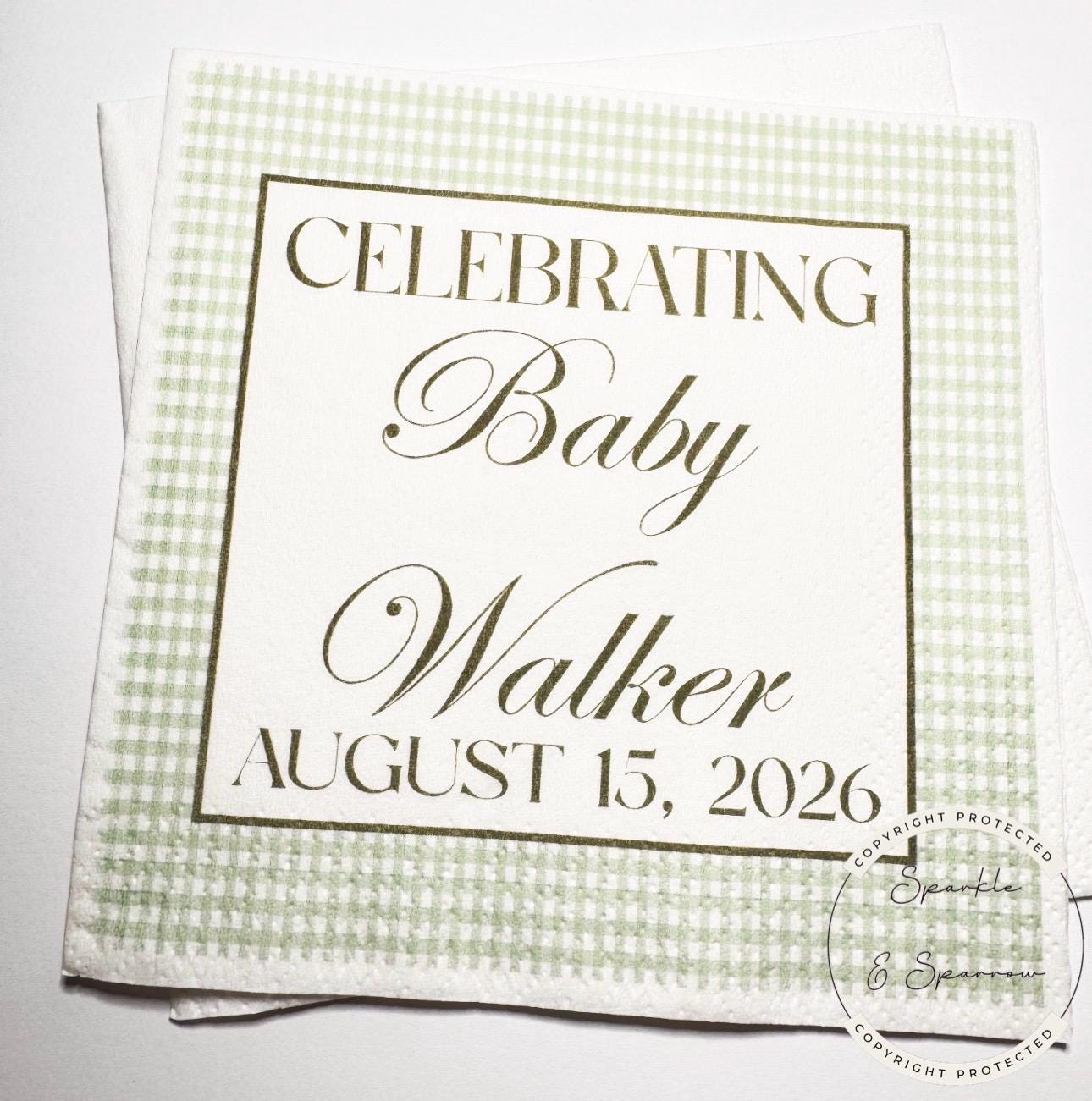 Green Gingham Baby Shower Sage Green Preppy Neutral Baby Shower Personalized Cocktail, Luncheon or Dinner Napkins Set of 25