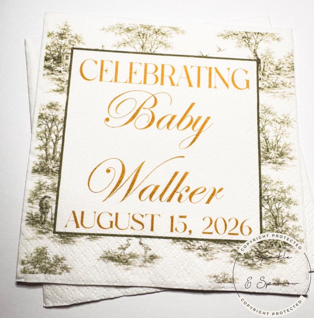Green and Gold Toile Baby Shower Green Gold Fall Neutral Baby Shower Fall Sage Personalized Cocktail, Luncheon or Dinner Napkins Set of 25