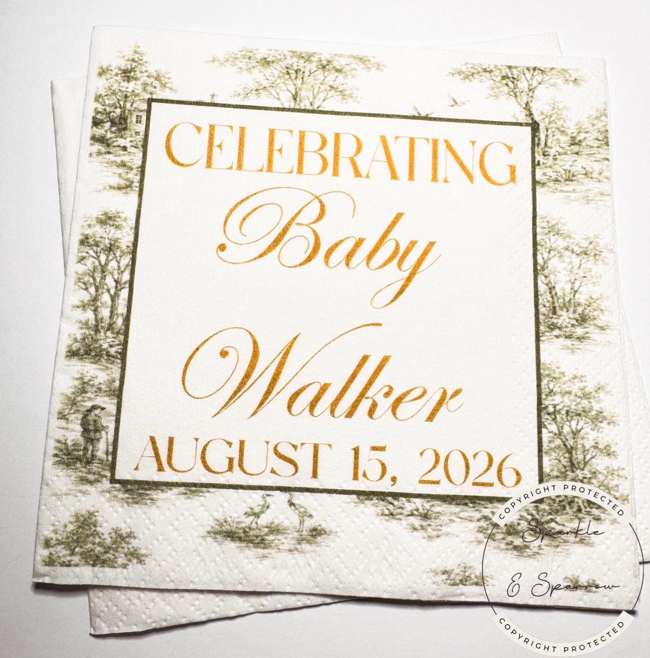 Green and Gold Toile Baby Shower Green Gold Fall Neutral Baby Shower Fall Sage Personalized Cocktail, Luncheon or Dinner Napkins Set of 25