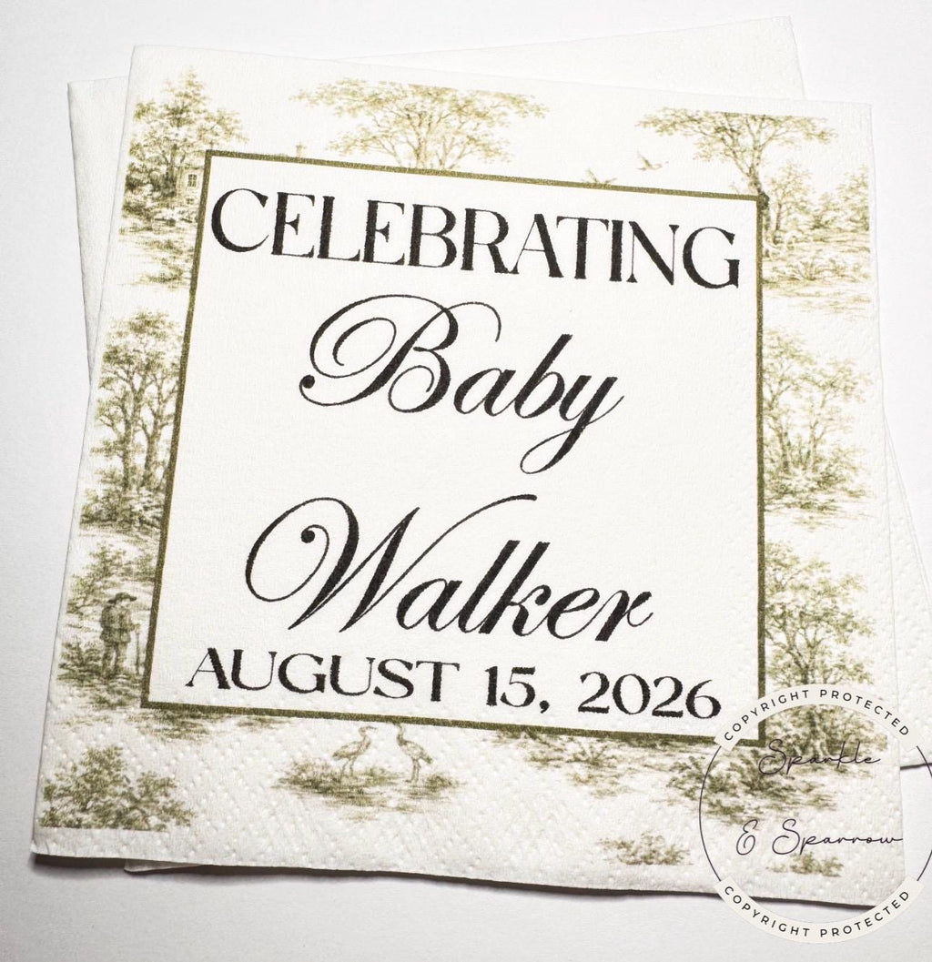 Green Toile Baby Shower Green Fall Neutral Baby Shower Fall Sage Green Personalized Cocktail, Luncheon or Dinner Napkins Set of 25