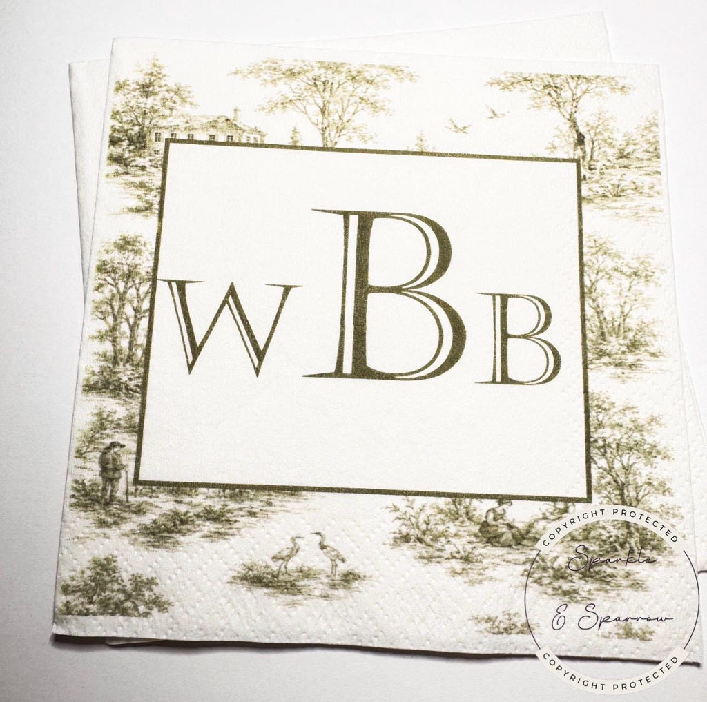 Green Toile Baby Shower Green Fall Neutral Baby Shower Fall Sage Green Personalized Cocktail, Luncheon or Dinner Napkins Set of 25