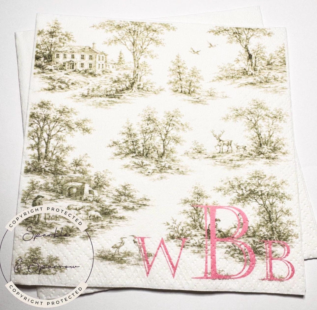 Green Toile Baby Shower Pink and Green Fall Neutral Baby Shower Fall Sage Green Personalized Cocktail, Luncheon or Dinner Napkins Set of 25