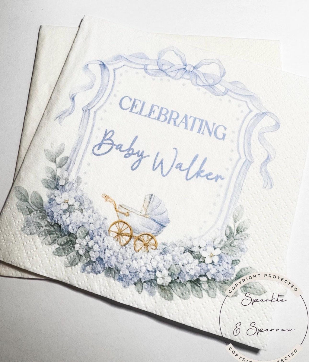 Boy Baby Shower Blue Baby Carriage Blue Bow Baby Shower Blue Custom Baby Shower Personalized Cocktail, Luncheon or Dinner Napkins Set of 25