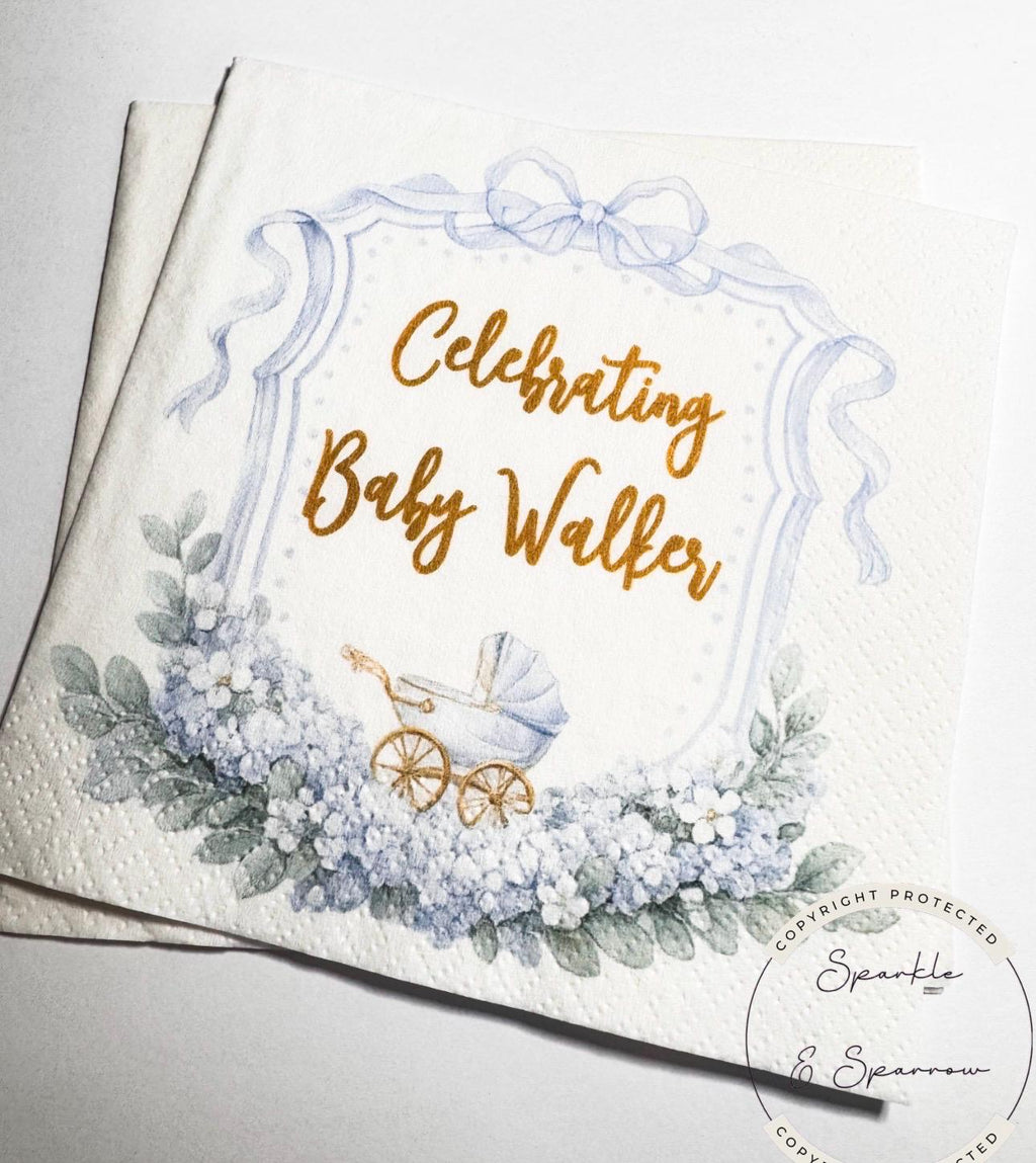 Boy Baby Shower Blue Baby Carriage Blue Bow Baby Shower Blue Custom Baby Shower Personalized Cocktail, Luncheon or Dinner Napkins Set of 25