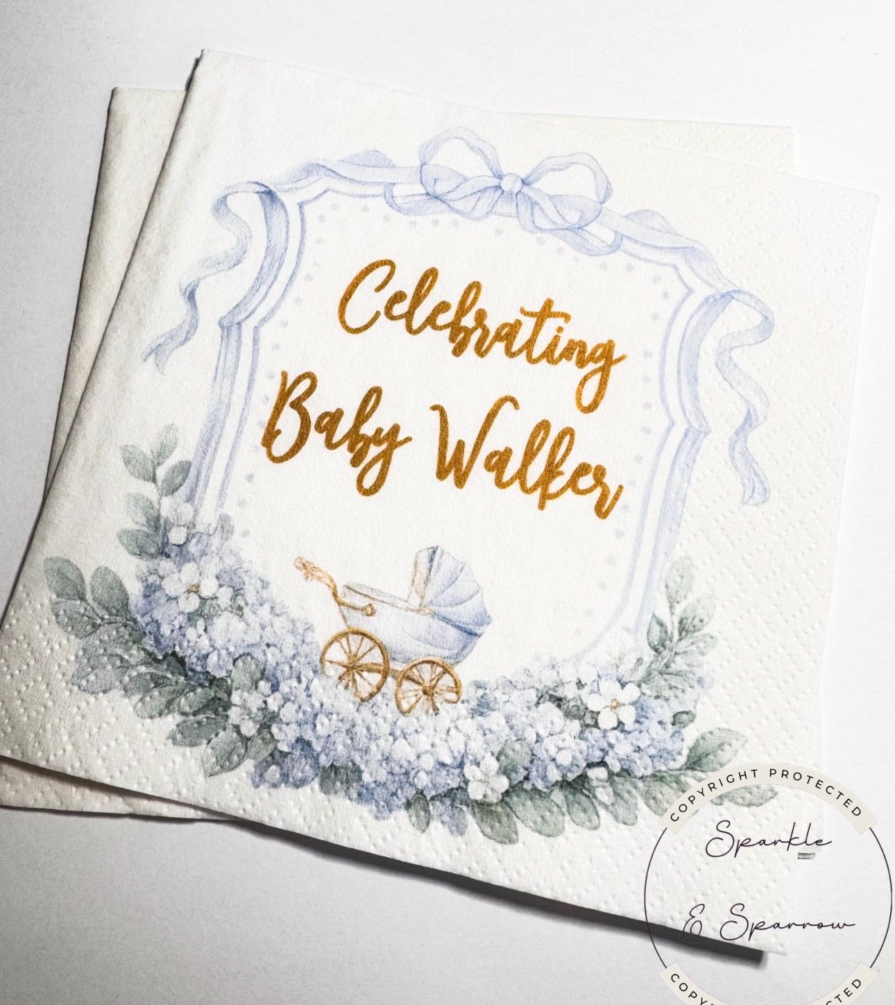 Boy Baby Shower Blue Baby Carriage Blue Bow Baby Shower Blue Custom Baby Shower Personalized Cocktail, Luncheon or Dinner Napkins Set of 25