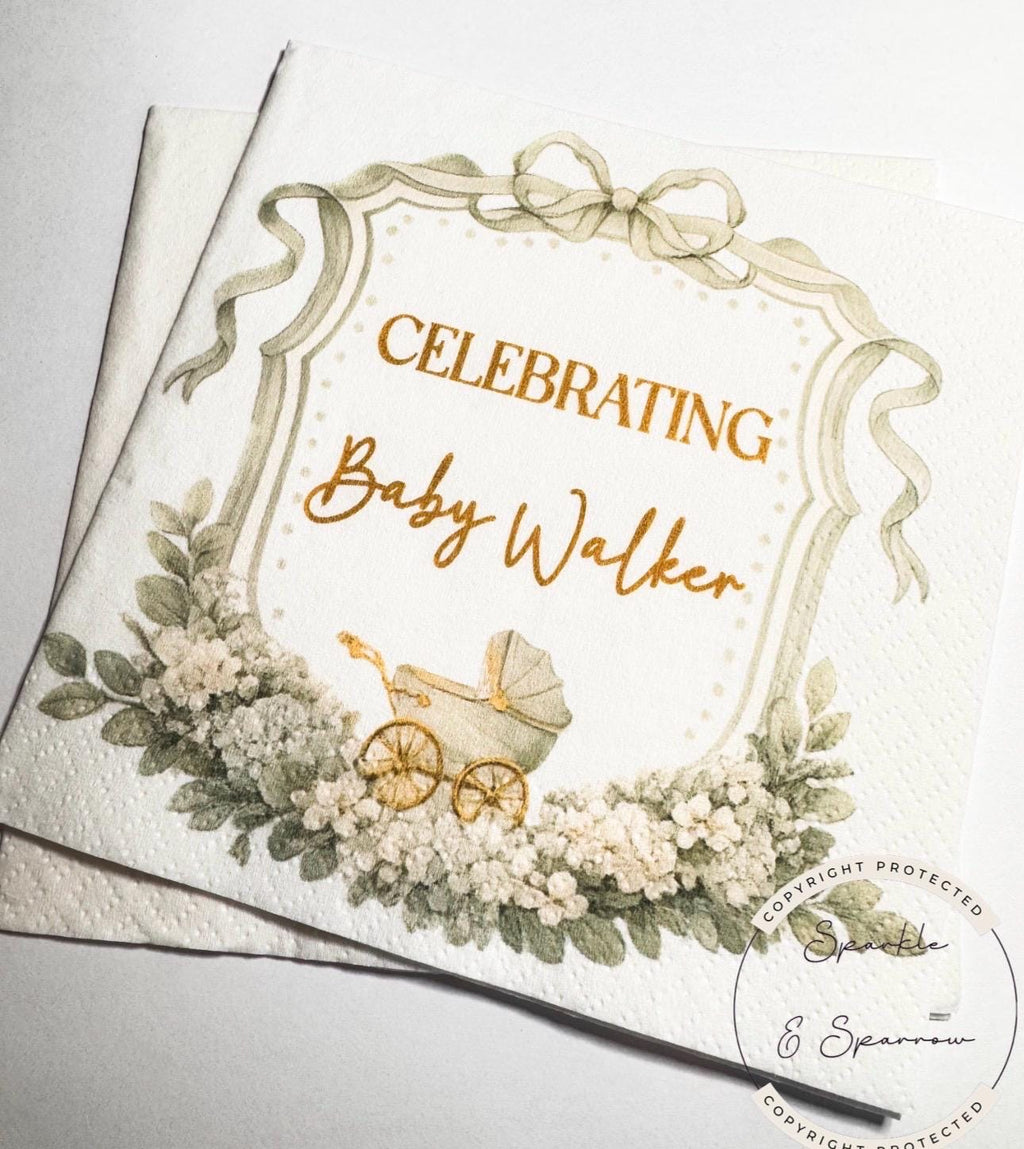 Green Baby Shower Green Baby Carriage Green Bow Gender Neutral Baby Shower Personalized Cocktail, Luncheon or Dinner Napkins Set of 25