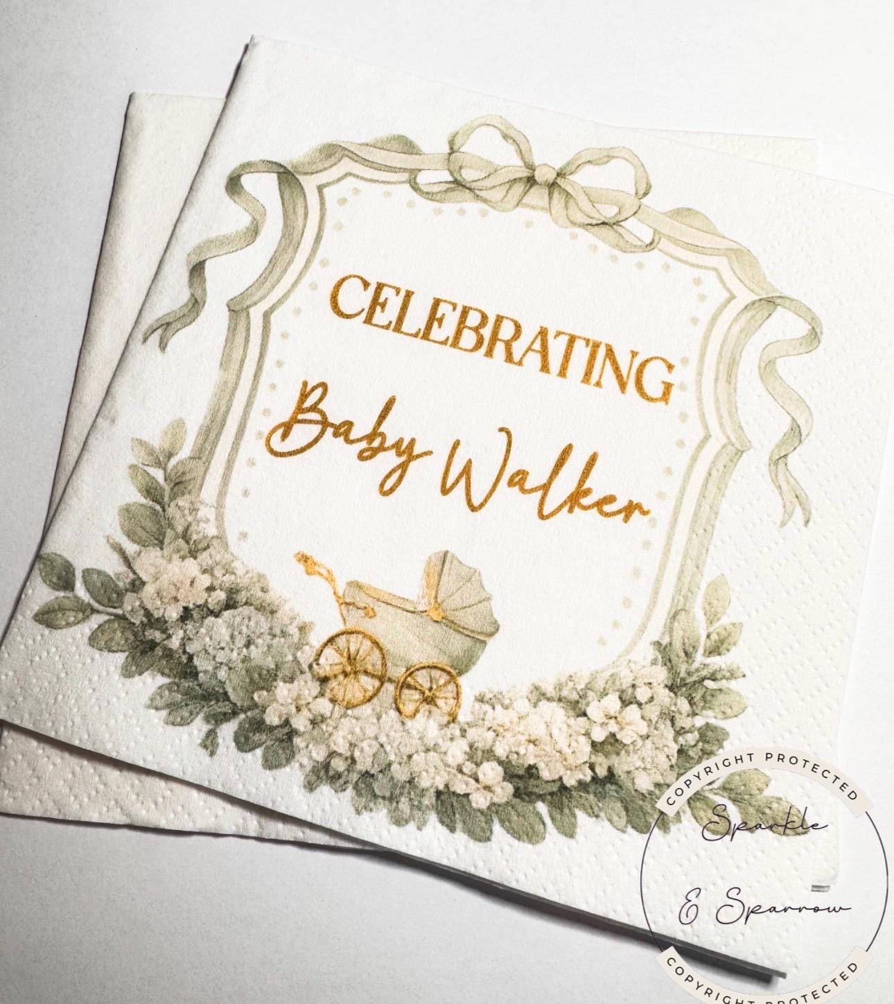 Green Baby Shower Green Baby Carriage Green Bow Gender Neutral Baby Shower Personalized Cocktail, Luncheon or Dinner Napkins Set of 25