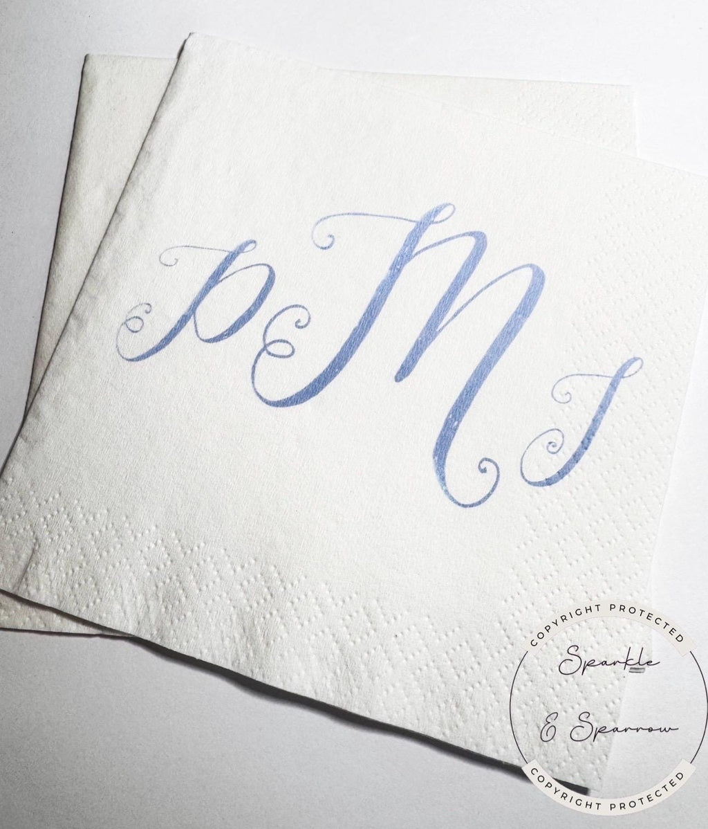Custom Monogram Napkins Wedding Initial Napkins Baby Shower Monogram Personalized Cocktail, Luncheon or Dinner Napkins Set of 25