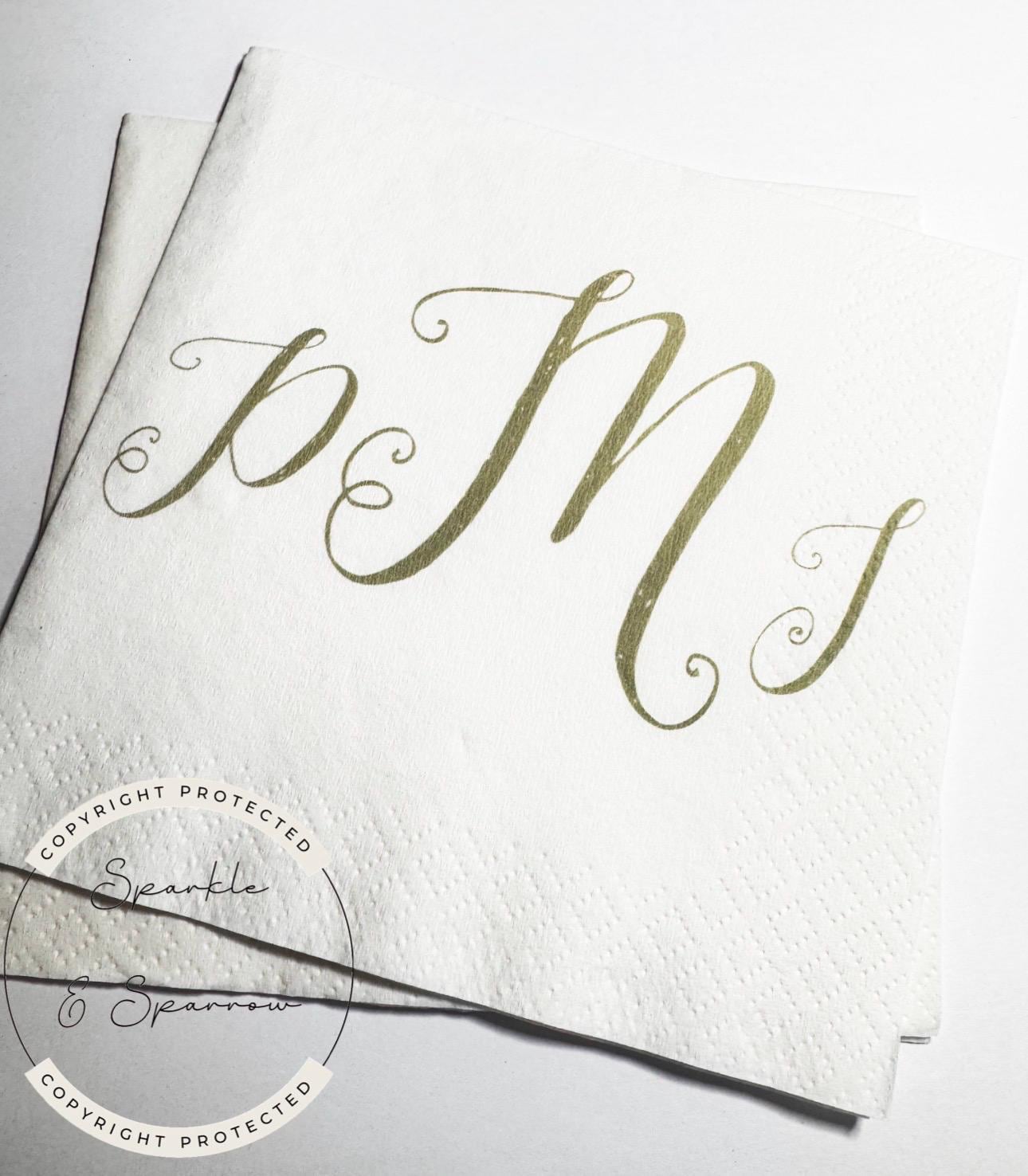 Custom Monogram Napkins Wedding Initial Napkins Baby Shower Green Monogram Personalized Cocktail, Luncheon or Dinner Napkins Set of 25