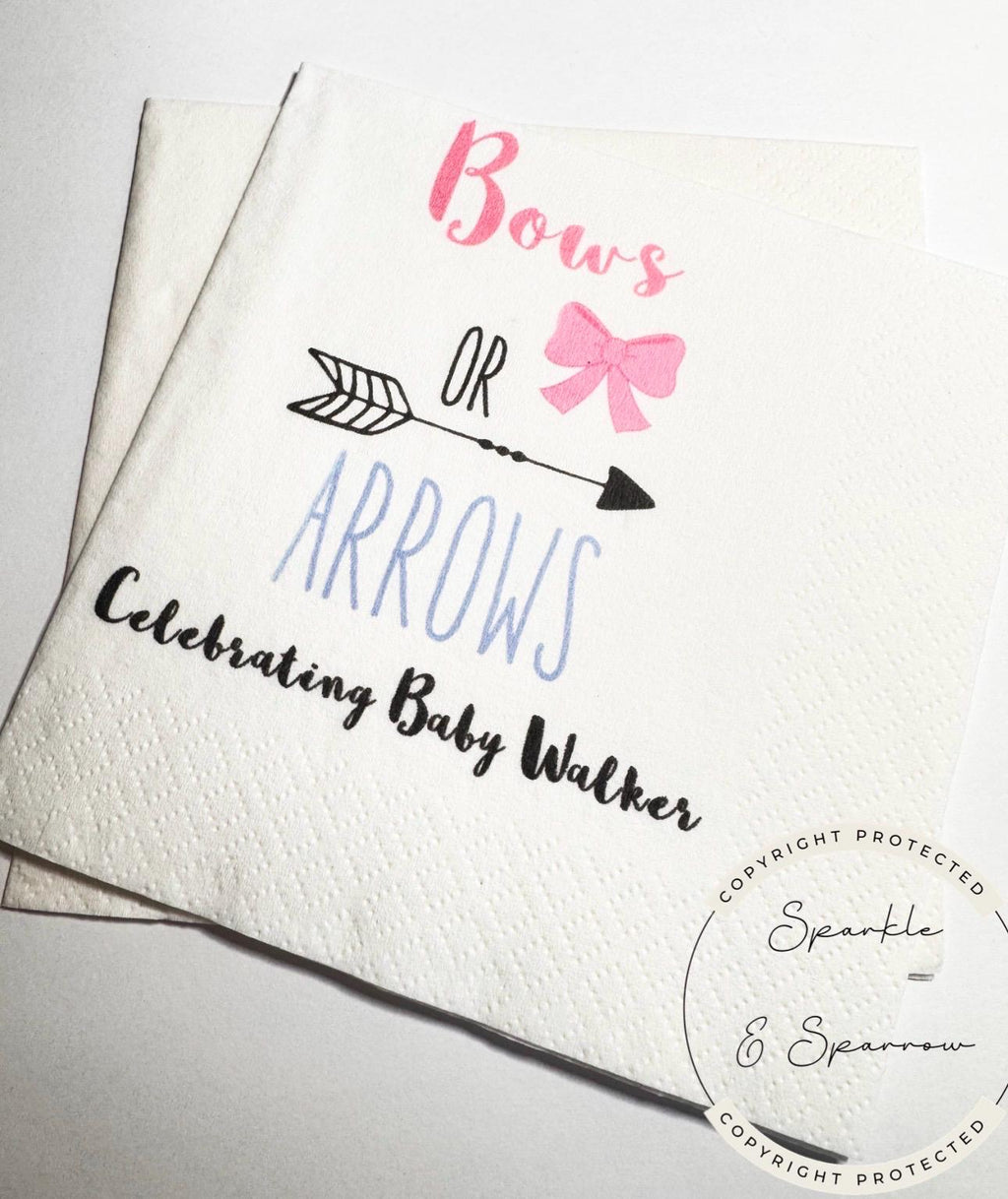 Bows or Arrows Gender Reveal Pink Blue Gender Reveal Party Table Decor Personalized Cocktail, Luncheon or Dinner Napkins Set of 25