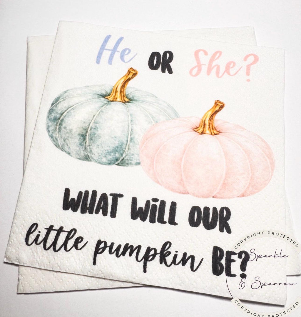 Fall Pumpkin Gender Reveal He or She What Will Little Pumpkin Blue Pink White Pumpkin Baby Shower Cocktail or Luncheon Napkins, Set of 25