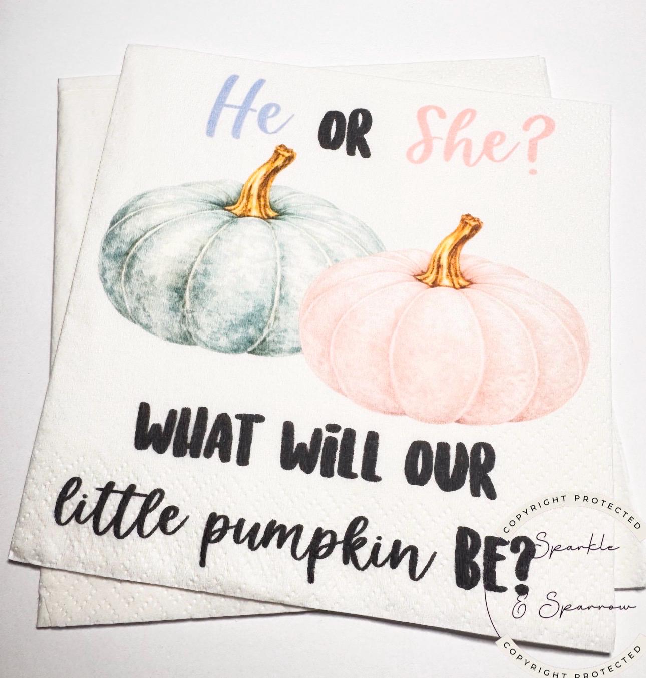 Fall Pumpkin Gender Reveal He or She What Will Little Pumpkin Blue Pink White Pumpkin Baby Shower Cocktail or Luncheon Napkins, Set of 25