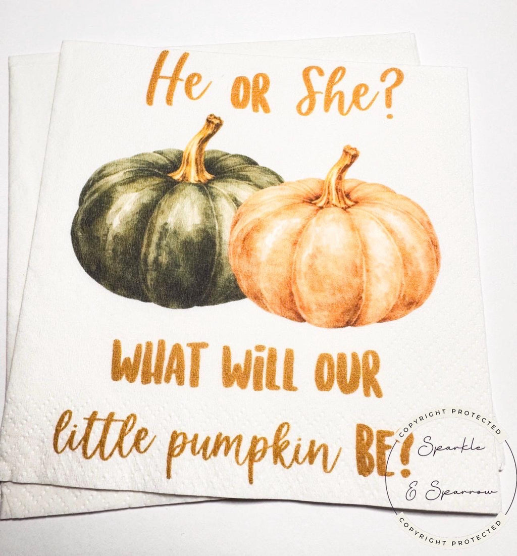 Fall Pumpkin Gender Reveal He or She What Will Little Pumpkin Green Orange Pumpkin Baby Shower Cocktail or Luncheon Napkins, Set of 25