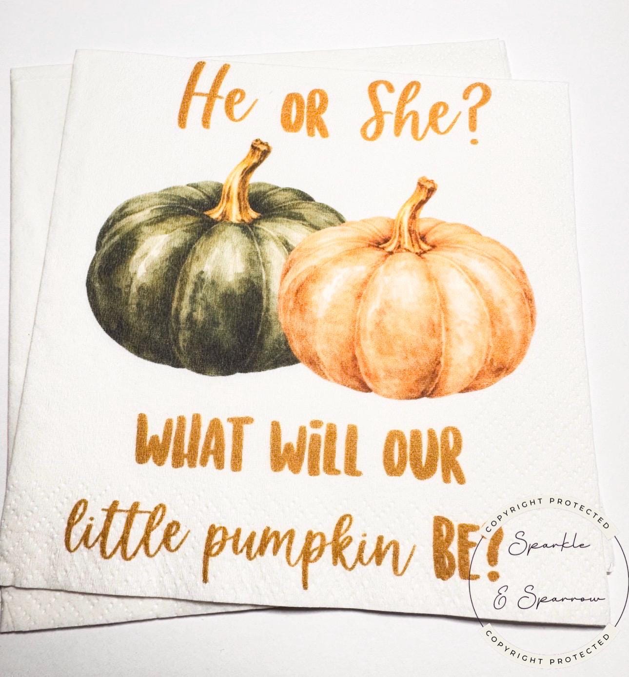 Fall Pumpkin Gender Reveal He or She What Will Little Pumpkin Green Orange Pumpkin Baby Shower Cocktail or Luncheon Napkins, Set of 25