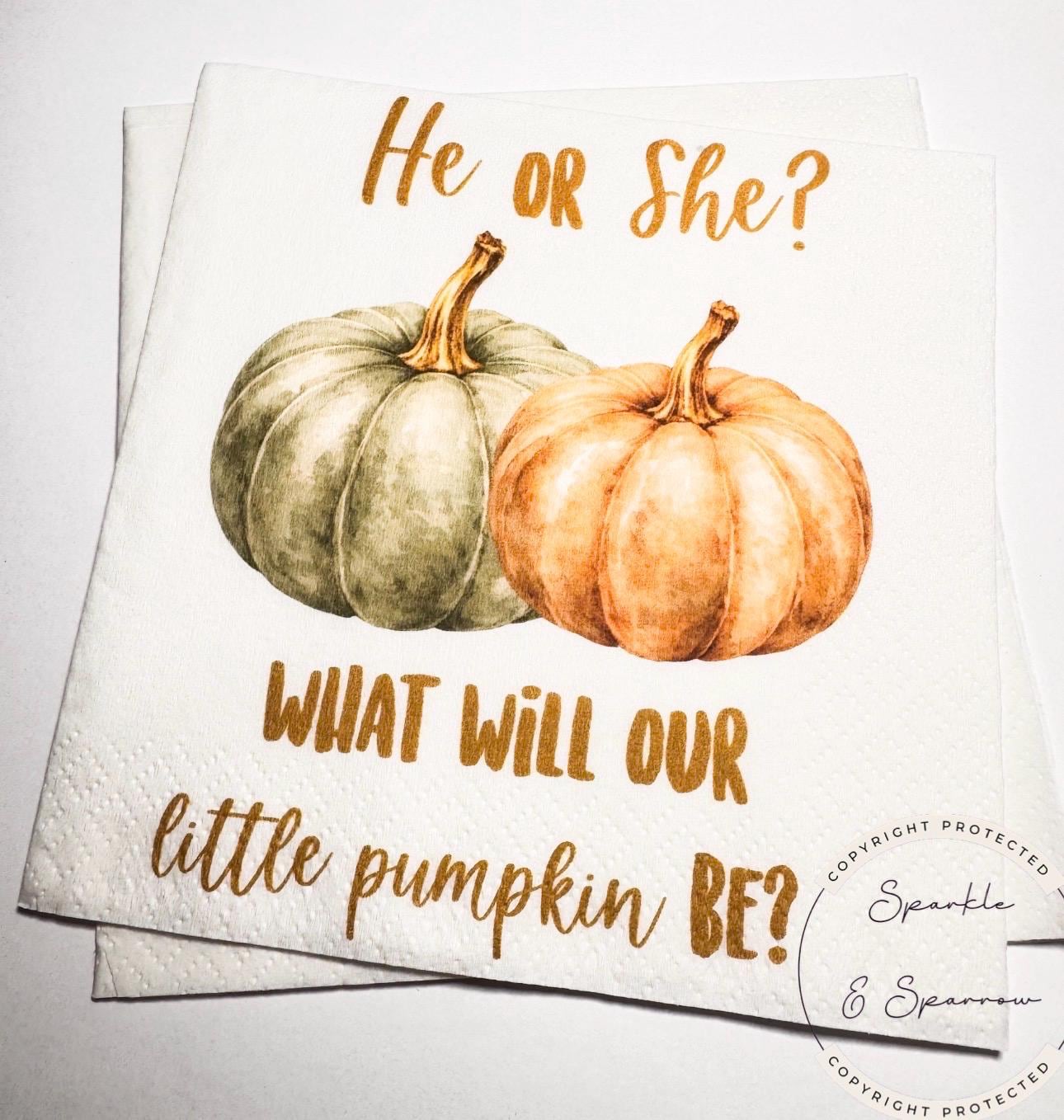 Fall Pumpkin Gender Reveal He or She What Will Little Pumpkin Green Orange Pumpkin Baby Shower Cocktail or Luncheon Napkins, Set of 25