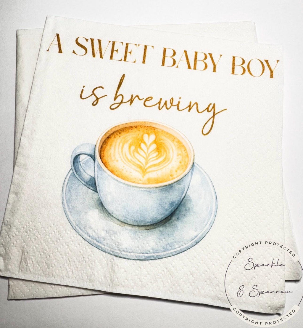 A Sweet Baby Boy is Brewing Baby Shower Coffee Bar Baby Brunch Coffee Blue Fall Baby Shower Cocktail, Luncheon or Dinner Napkins Set of 25