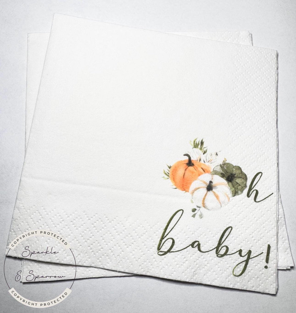 Pumpkin Oh Baby Shower Pumpkin Autumn Baby Neutral Baby Shower Green Pumpkin Baby Shower Cocktail, Luncheon or Dinner Napkins Set of 25