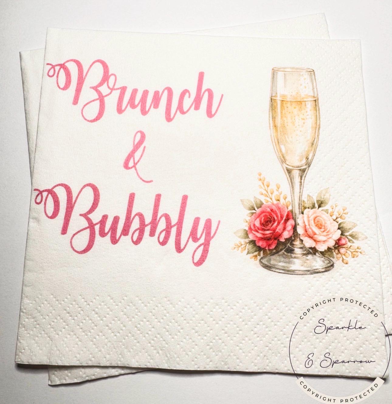Brunch & Bubbly Bridal Shower Champagne Mimosa Bar Bridal Brunch Pink Floral Mimosa Bridal Cocktail, Luncheon or Dinner Napkins Set of 25