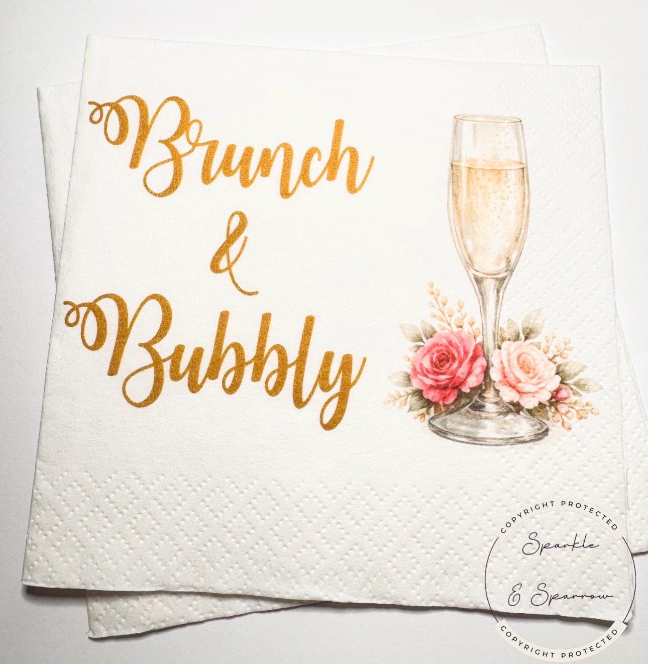 Brunch & Bubbly Bridal Shower Champagne Mimosa Bar Bridal Brunch Pink Floral Mimosa Bridal Cocktail, Luncheon or Dinner Napkins Set of 25