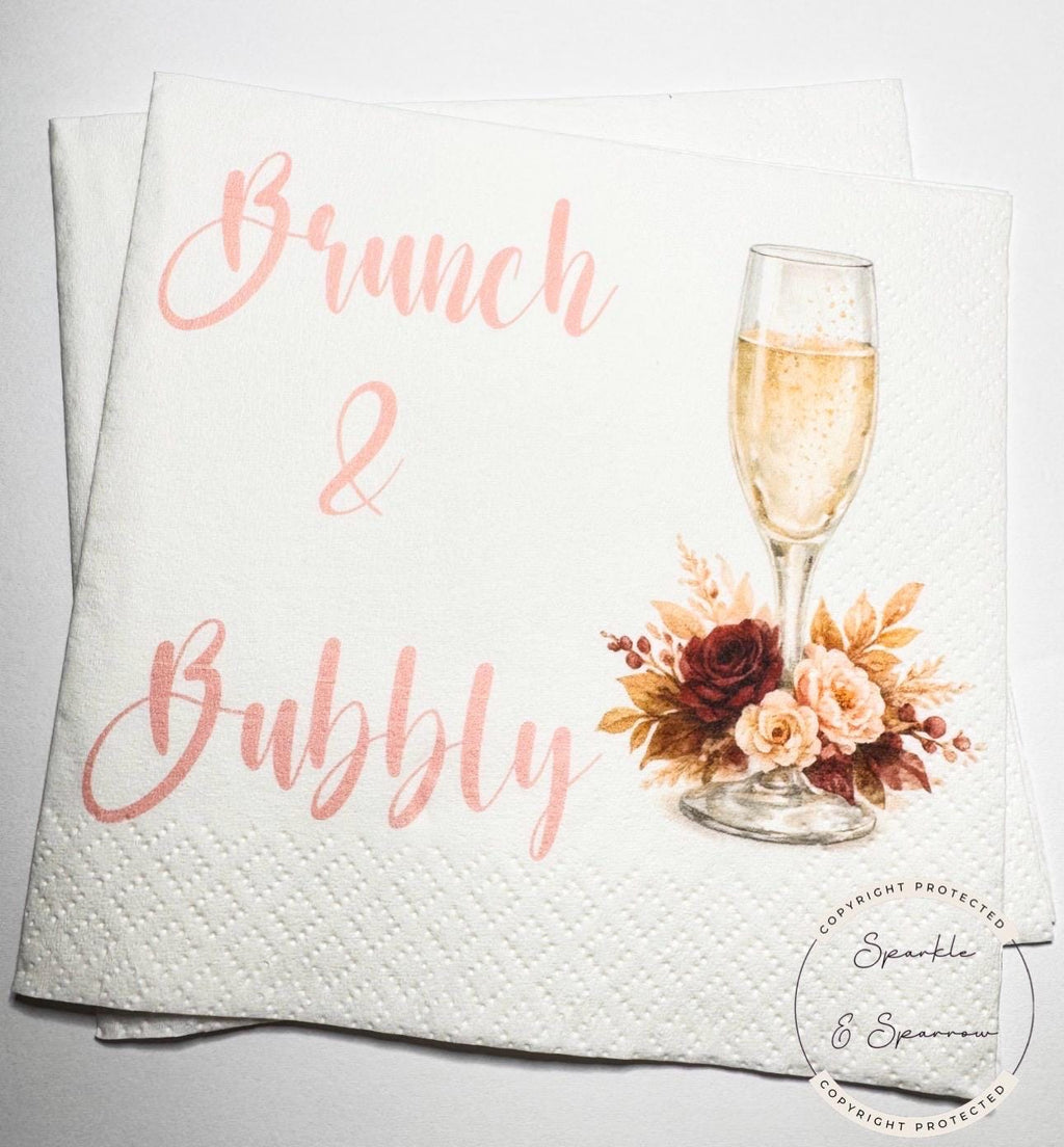 Brunch & Bubbly  Bridal Shower Champagne Mimosa Bar Bridal Brunch Fall Floral Mimosa Bridal Cocktail, Luncheon or Dinner Napkins Set of 25