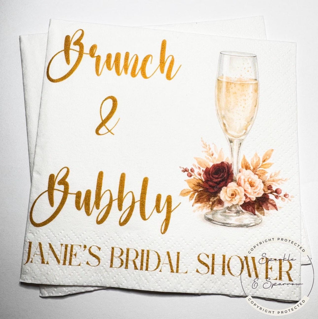 Brunch & Bubbly Fall Bridal Shower Mimosa Bar Bridal Brunch Fall Bridal Shower Personalized Cocktail, Luncheon or Dinner Napkins Set of 25