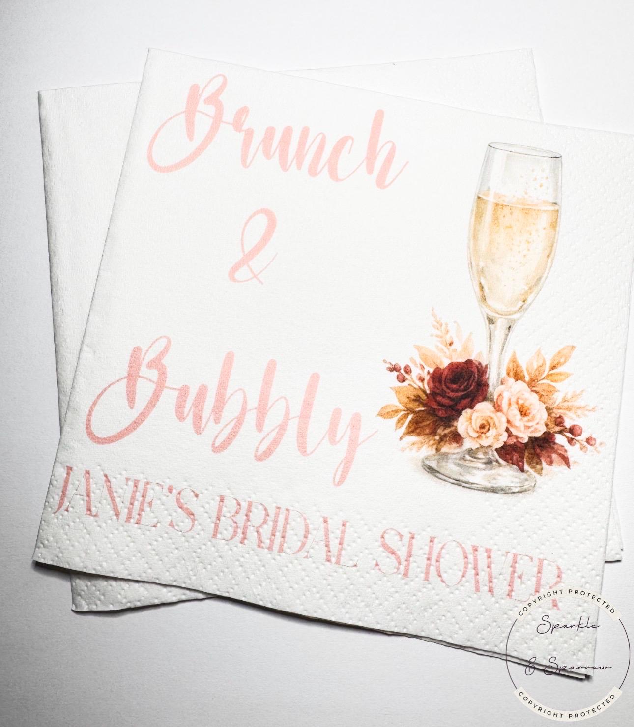 Brunch & Bubbly Fall Bridal Shower Mimosa Bar Bridal Brunch Fall Bridal Shower Personalized Cocktail, Luncheon or Dinner Napkins Set of 25