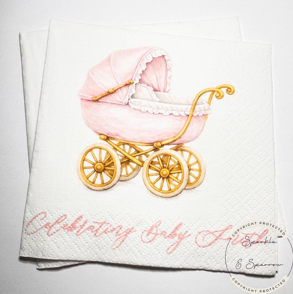 Pink Baby Carriage Girl Baby Shower Preppy Southern Shower Pink Stroller Personalized Cocktail, Luncheon or Dinner Napkins Set of 25