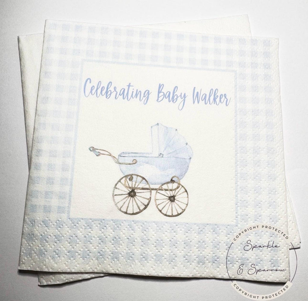 Baby Carriage Boy Baby Shower Blue Gingham  Monogram Blue Bow Baby Shower Personalized Cocktail, Luncheon or Dinner Napkins Set of 25