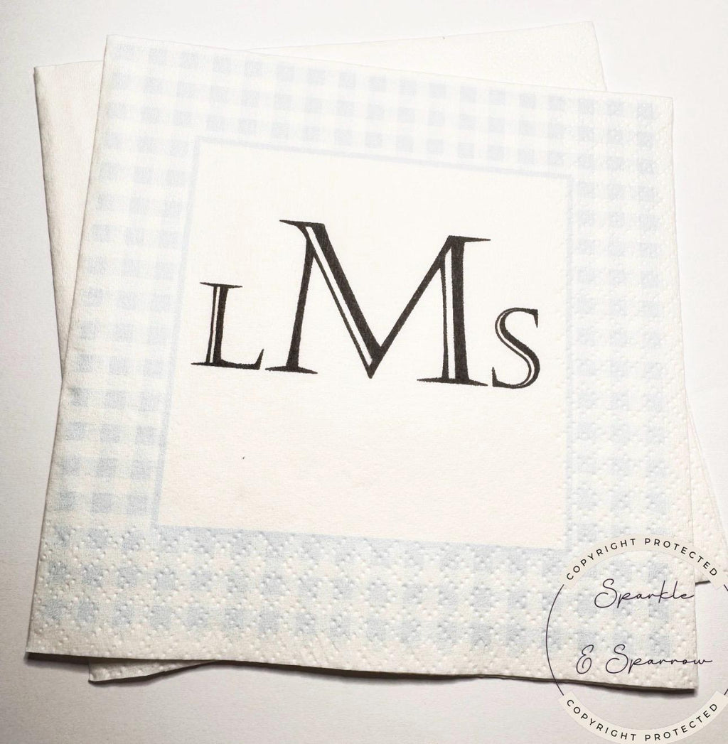Blue Monogram Boy Gingham Baby Shower Birthday Blue Preppy Bridal Shower Personalized Cocktail, Luncheon or Dinner Napkins Set of 25