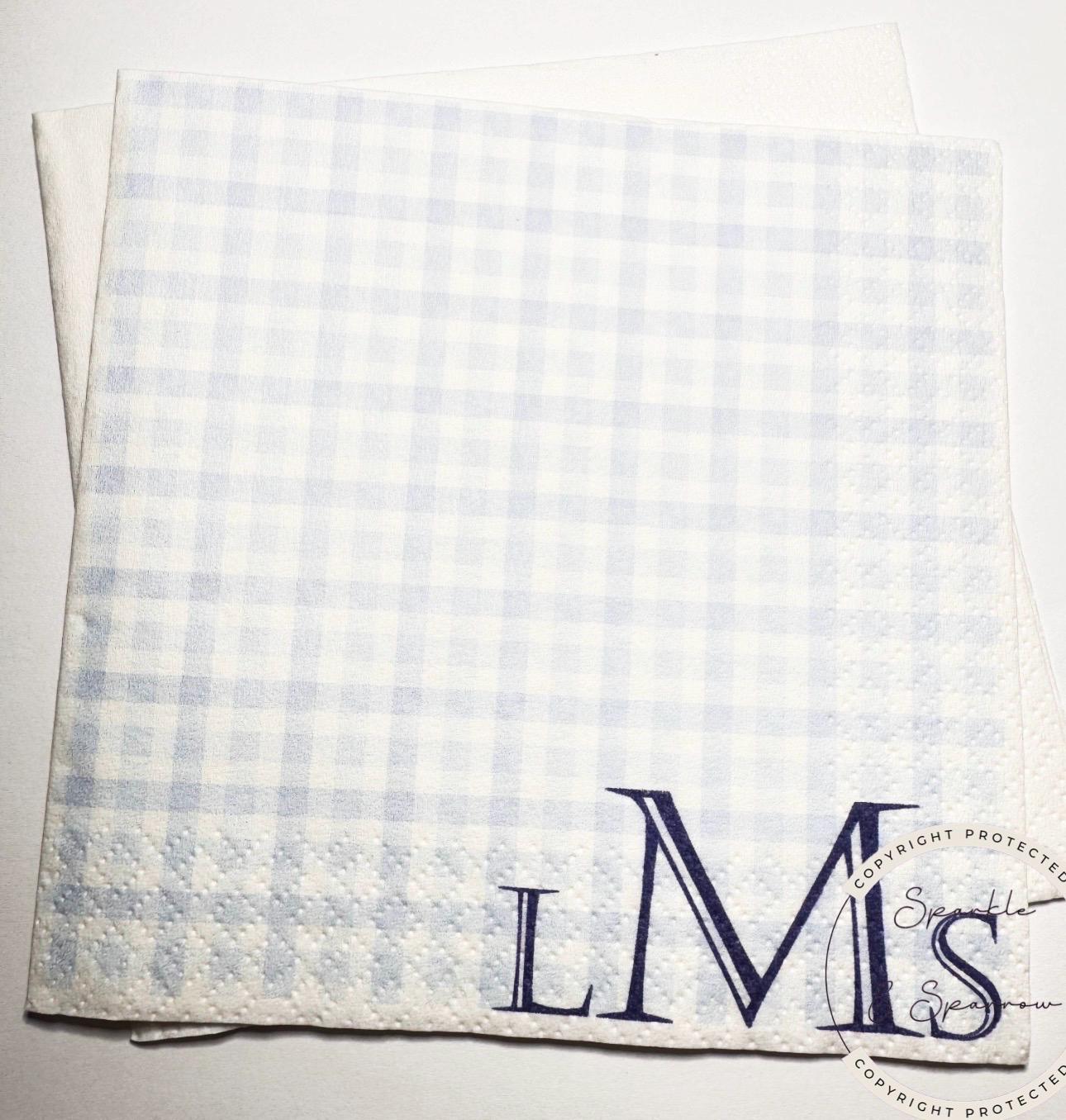 Blue Monogram Boy Gingham Baby Shower Birthday Blue Preppy Bridal Shower Personalized Cocktail, Luncheon or Dinner Napkins Set of 25