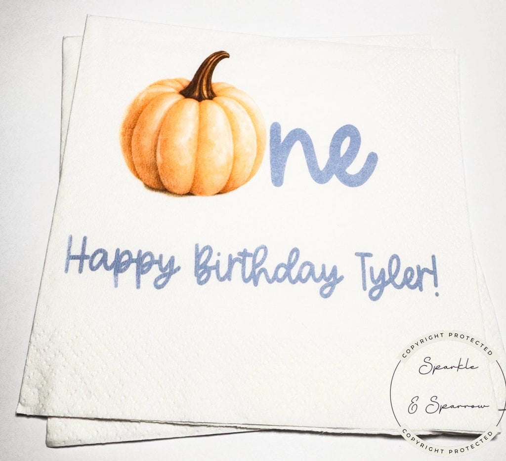 Pumpkin First Birthday Pumpkin Blue Pumpkin One Birthday Blue Boy Pumpkin Fall Personalized Cocktail, Luncheon or Dinner Napkins Set of 25