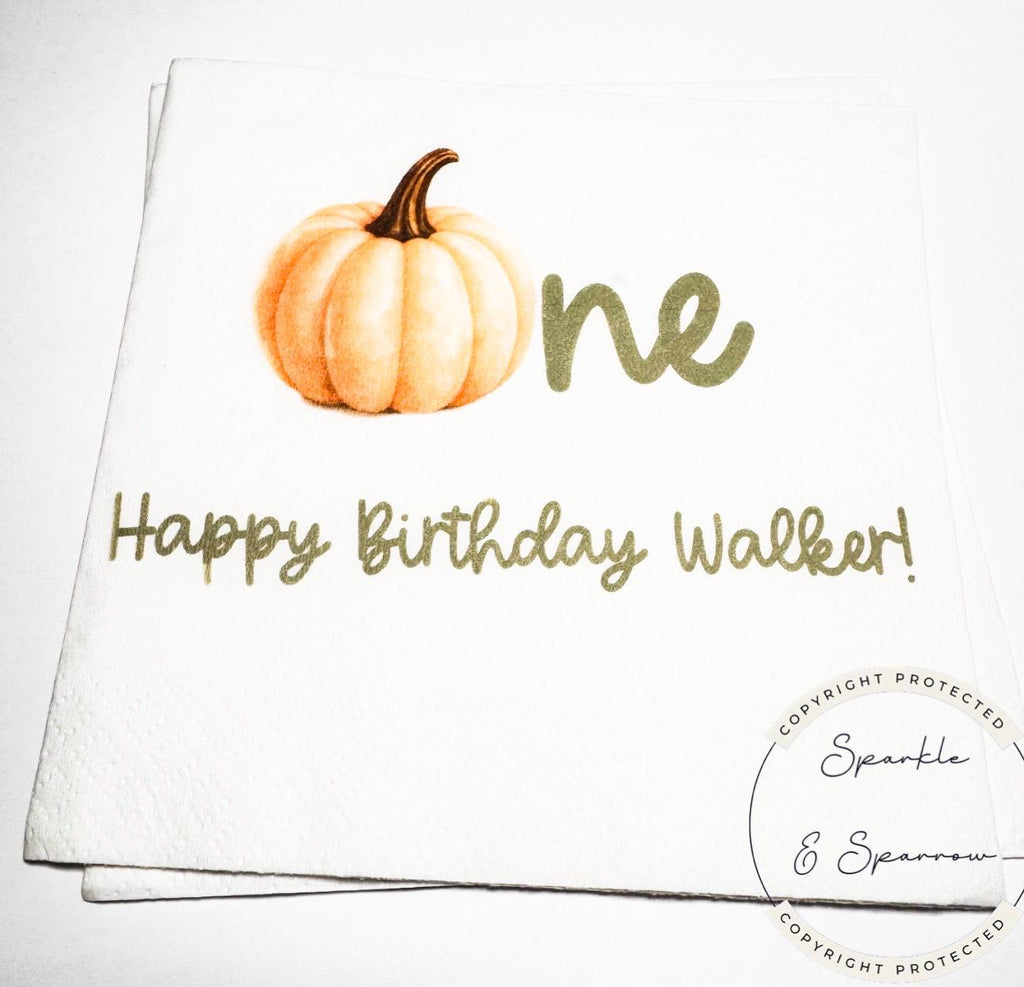 Pumpkin First Birthday Pumpkin Green Pumpkin One Birthday Neutral Pumpkin Bday Personalized Cocktail, Luncheon or Dinner Napkins Set of 25