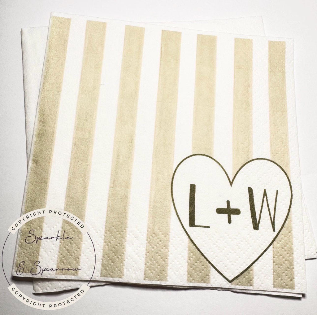 Heart Initials Wedding Bridal Shower Green Fall Bridal Shower Green Wedding Personalized Cocktail, Luncheon or Dinner Napkins Set of 25
